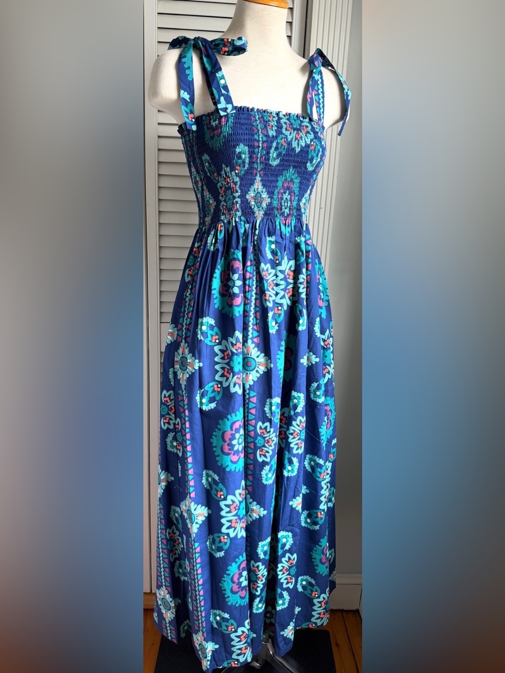 S🩵 Tea Collection NWT Limpopo Bandana Tie Shoulder Smocked Maxi Dress 💯 Cotton